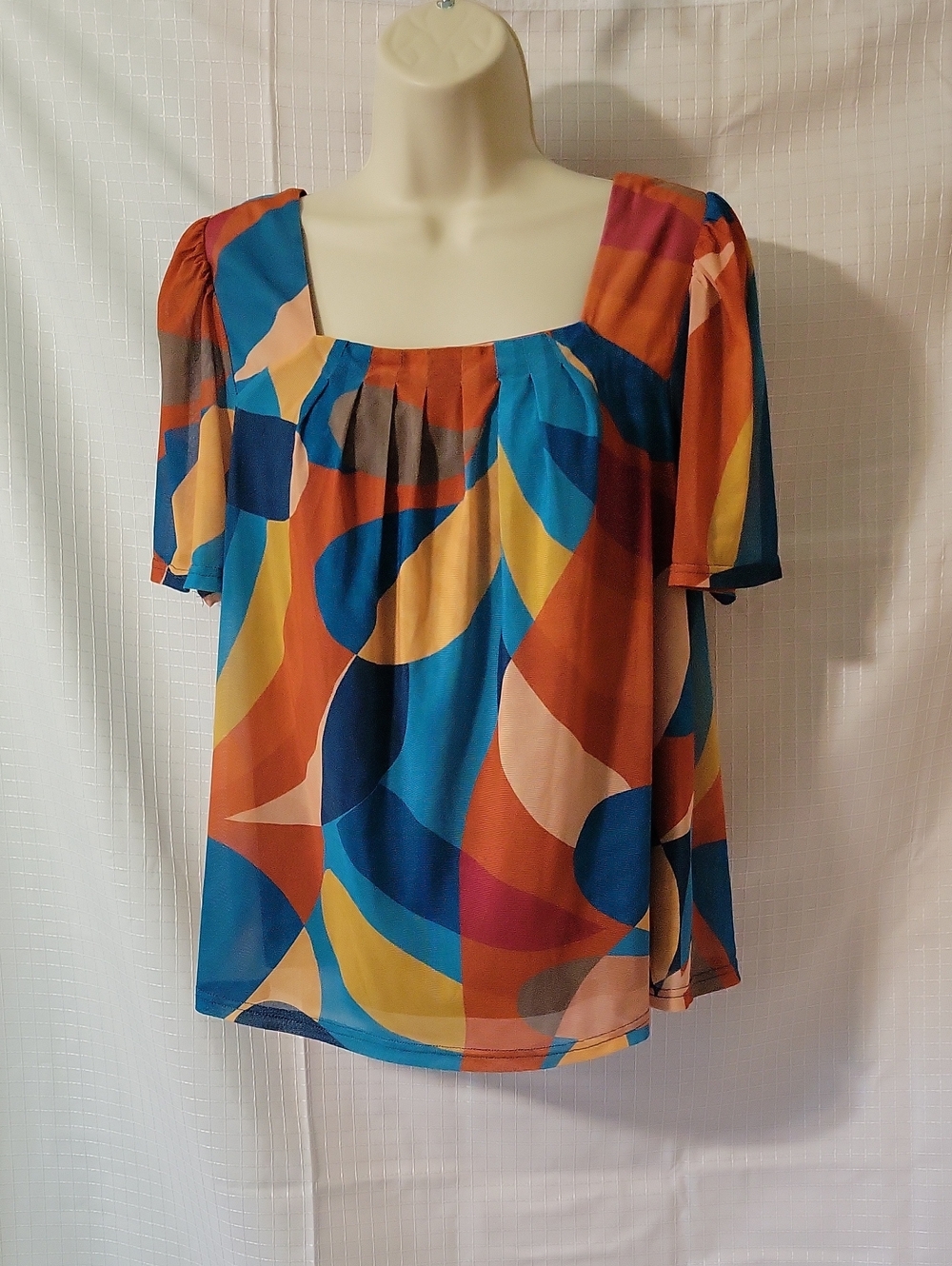 DR2 Colorful Abstract Print Square Neck Blouse, Size S